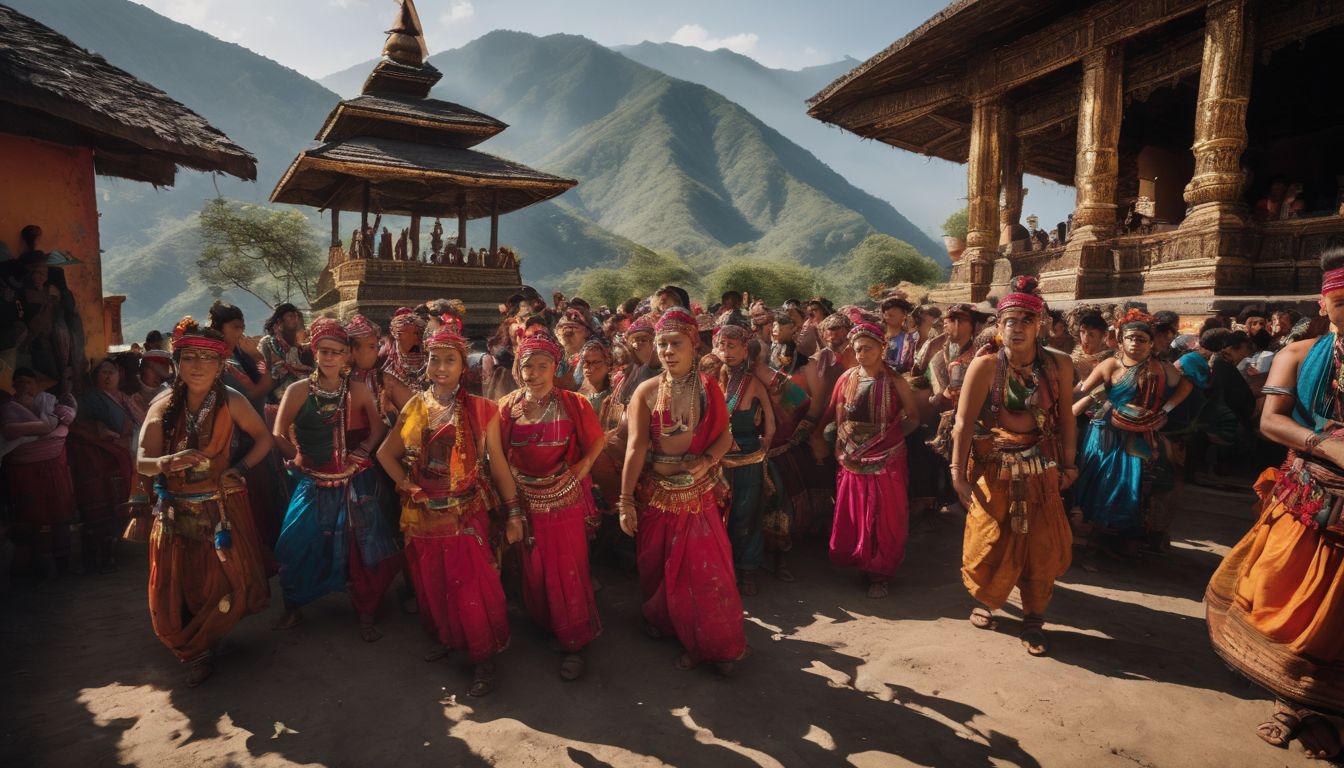 A group of Marma tribal people in traditional attire performing a cultural dance in front of a temple.