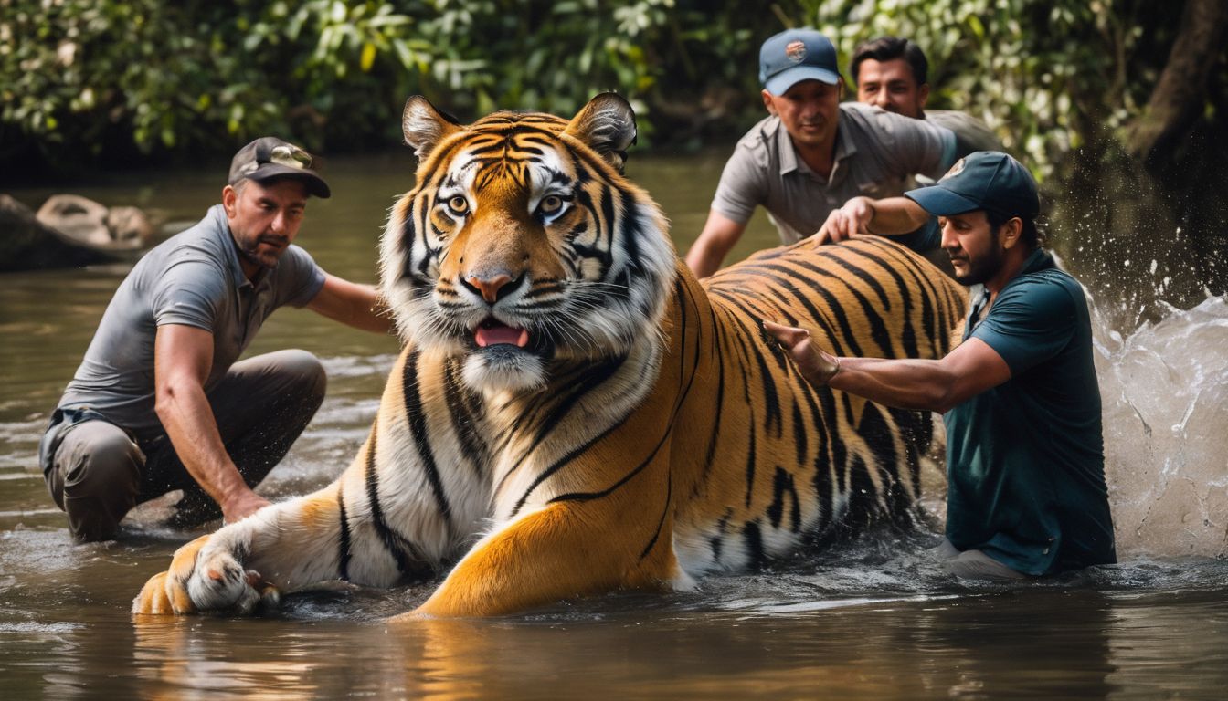A group of local conservationists release a rehabilitated Royal Bengal Tiger into its natural habitat.