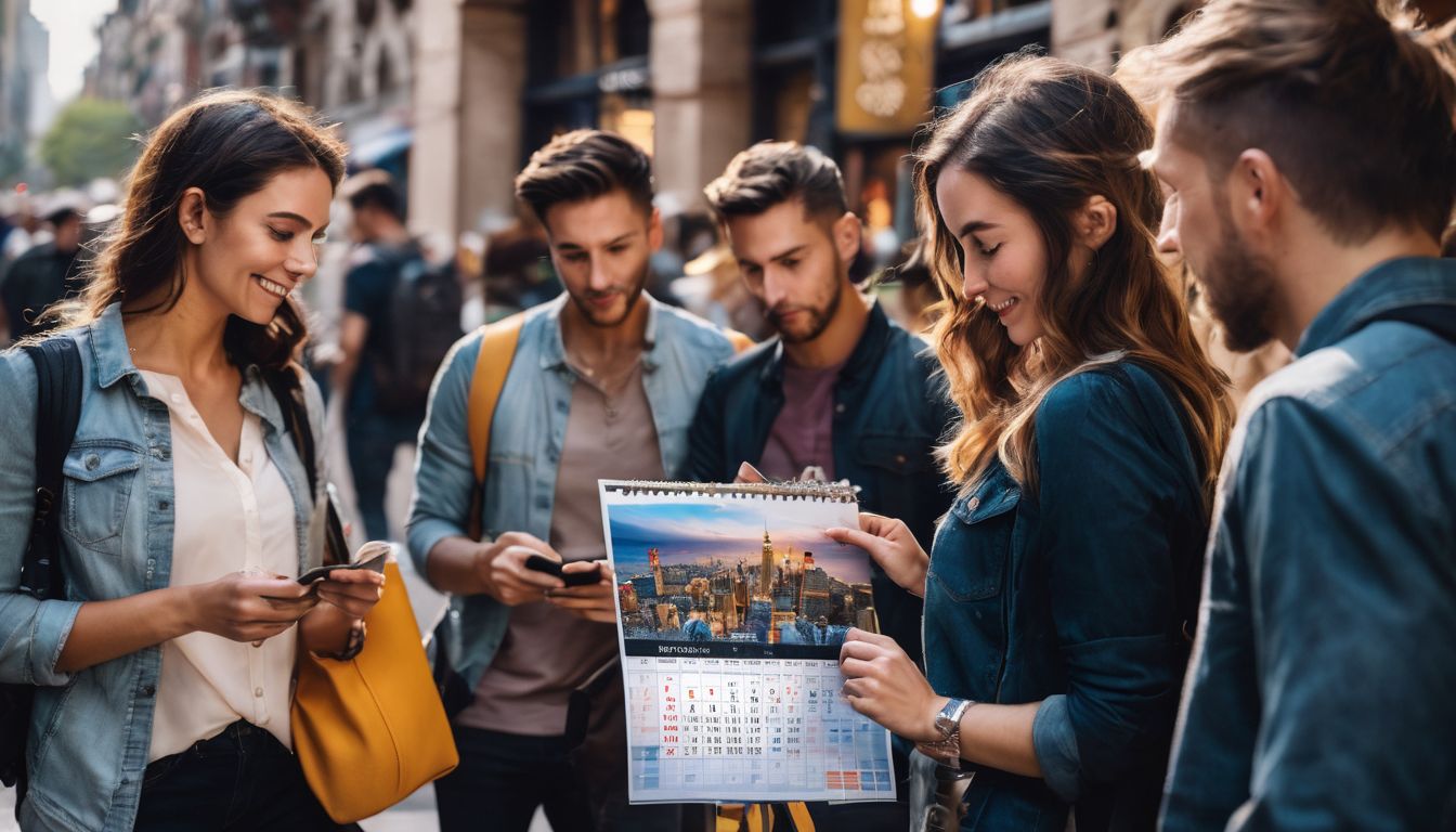 A diverse group of travelers gathering around a travel calendar to plan their adventures.