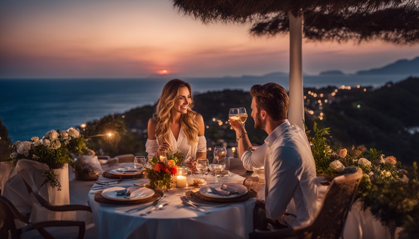 A couple enjoys a romantic dinner on a private villa terrace with breathtaking ocean views.