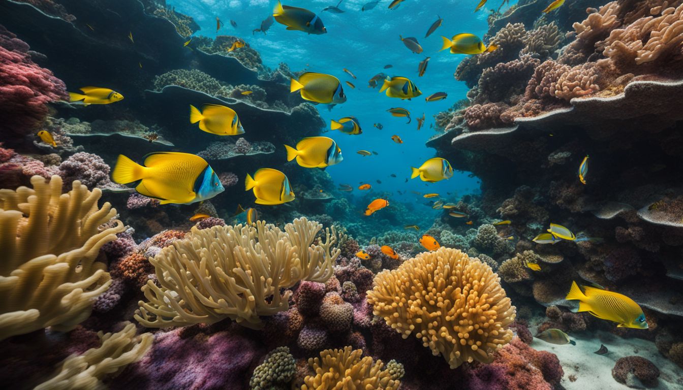 A vibrant underwater coral reef with colorful fish swimming amongst the coral.