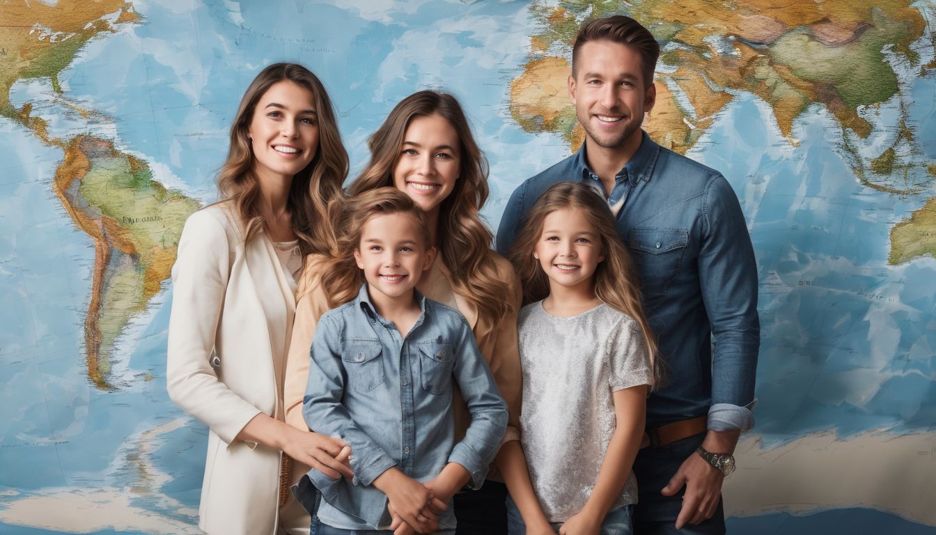A family stands together in front of a world map, planning their dream vacation.