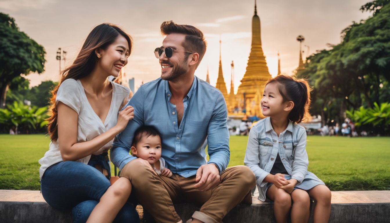 A joyful family enjoys exploring Bangkok's popular attractions together, capturing the vibrant cityscape with their DSLR cameras.