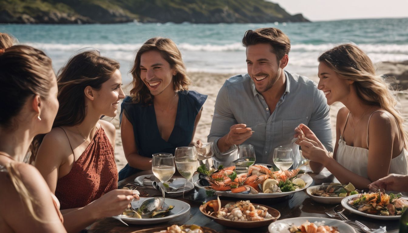 A group of friends enjoying a seafood feast at a beachside restaurant.