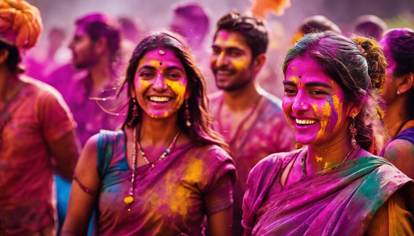 A vibrant and diverse group of people celebrating Holi festival with colorful powdered paint in an outdoor setting.