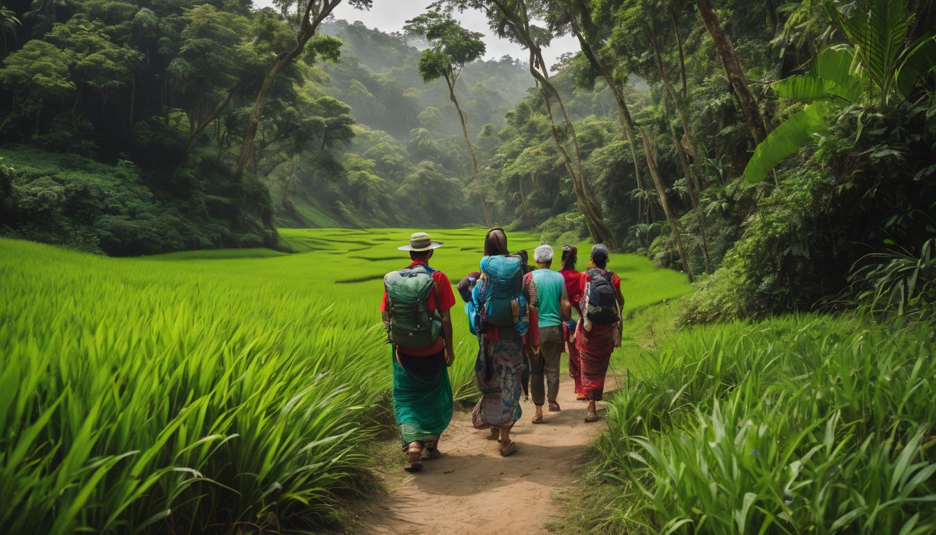 A diverse group of tourists are exploring the lush landscapes of Bangladesh with vibrant colors and sharp details.