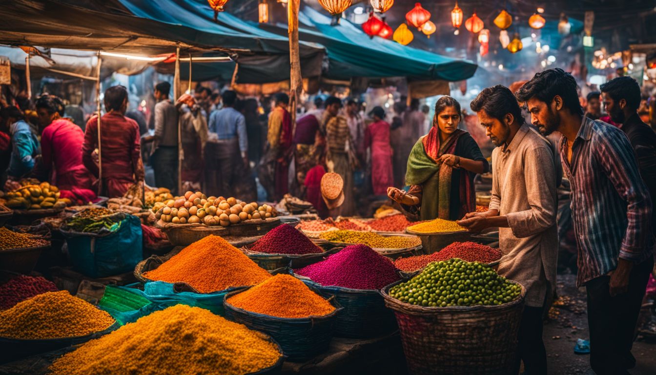 A vibrant street market in Dhaka City filled with diverse people and bustling vendors.
