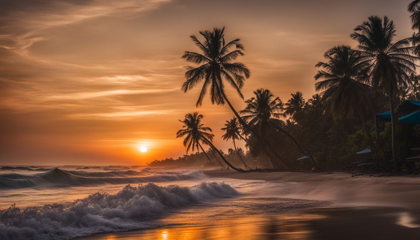 A stunning sunset over Cox's Bazar beach with palm trees and crashing waves.