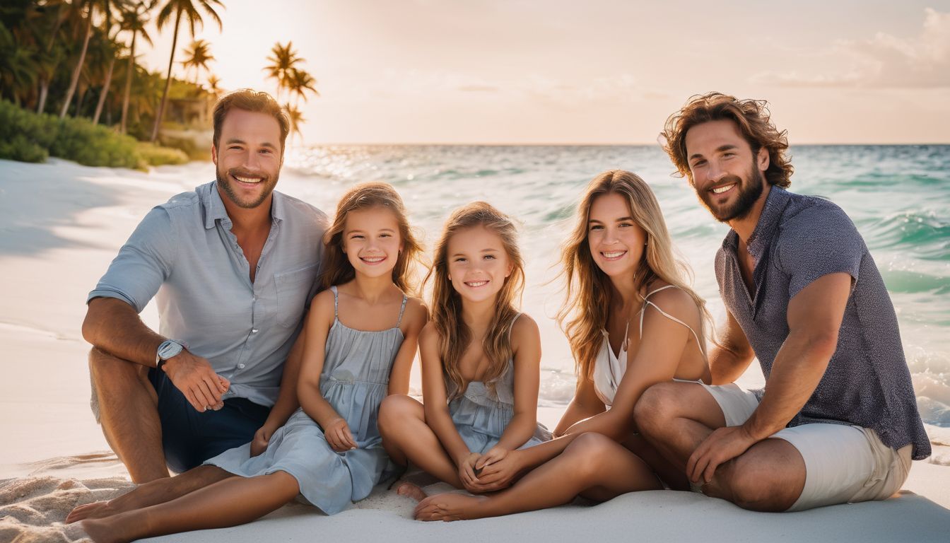 A diverse family enjoys a day at a beautiful beach surrounded by palm trees and clear ocean water.