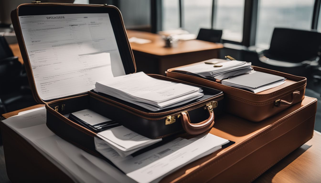 A suitcase filled with business documents and a passport in a corporate office setting.