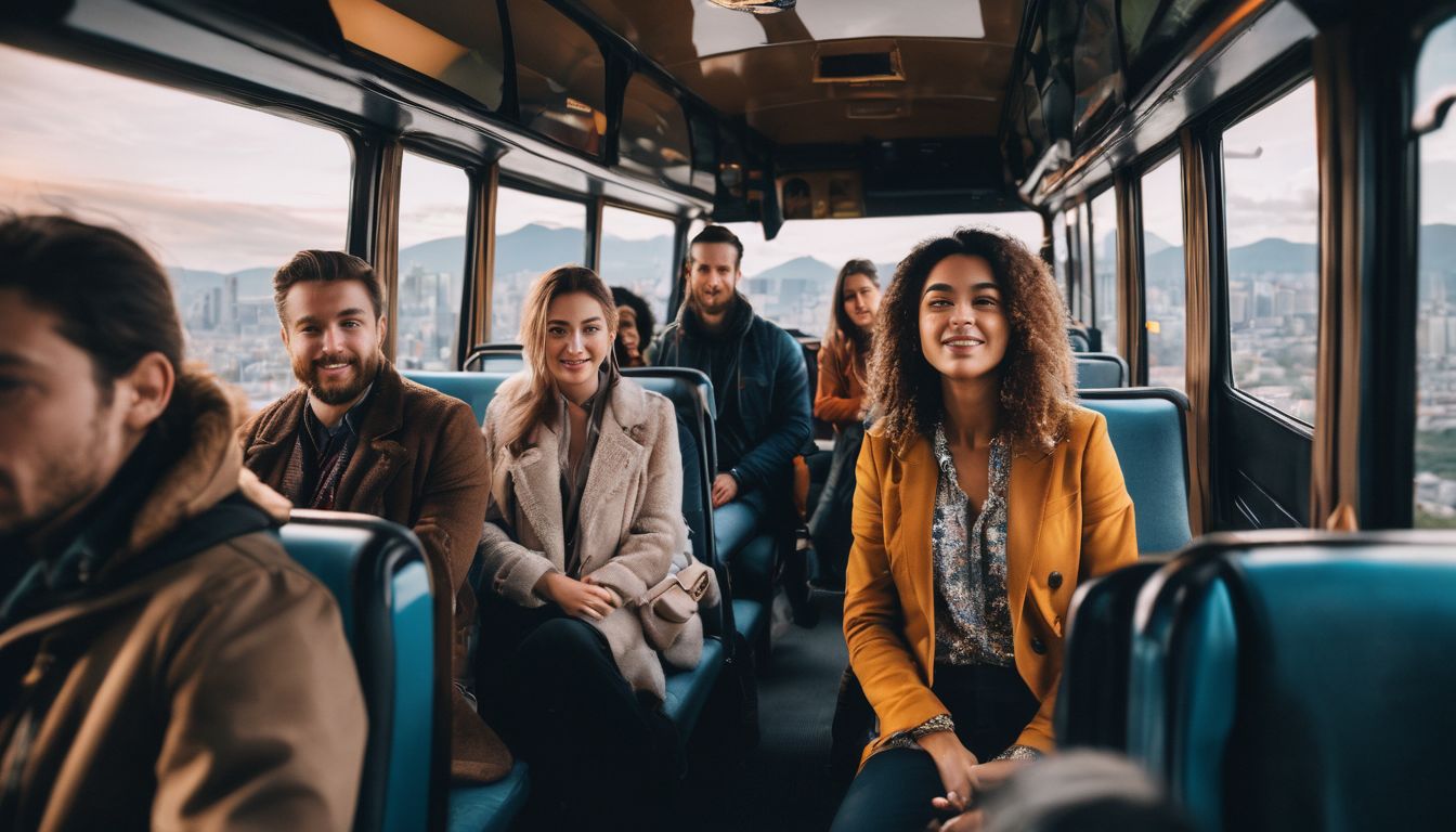 A diverse group of travelers enjoy the scenic views from a bus.