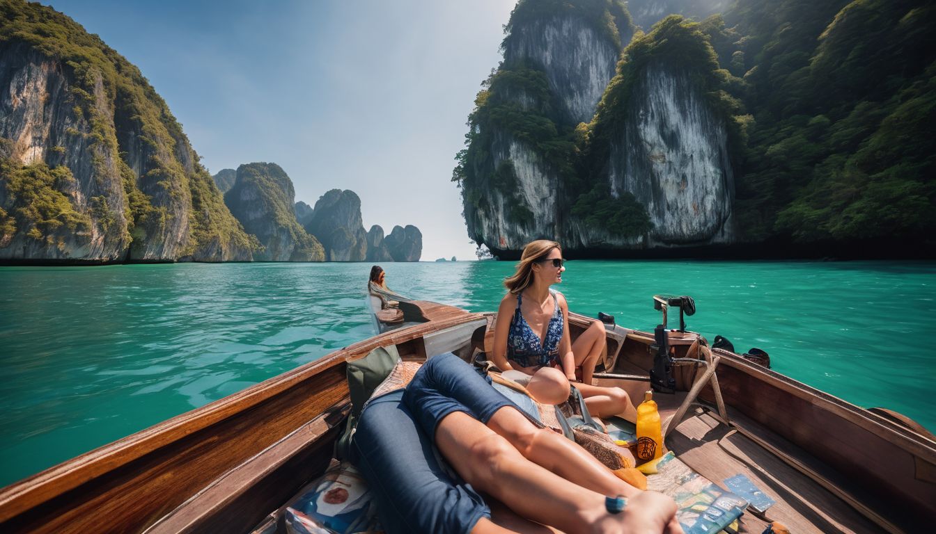 A diverse group of tourists enjoy a scenic boat ride to Railay Beach in Ao Nang.