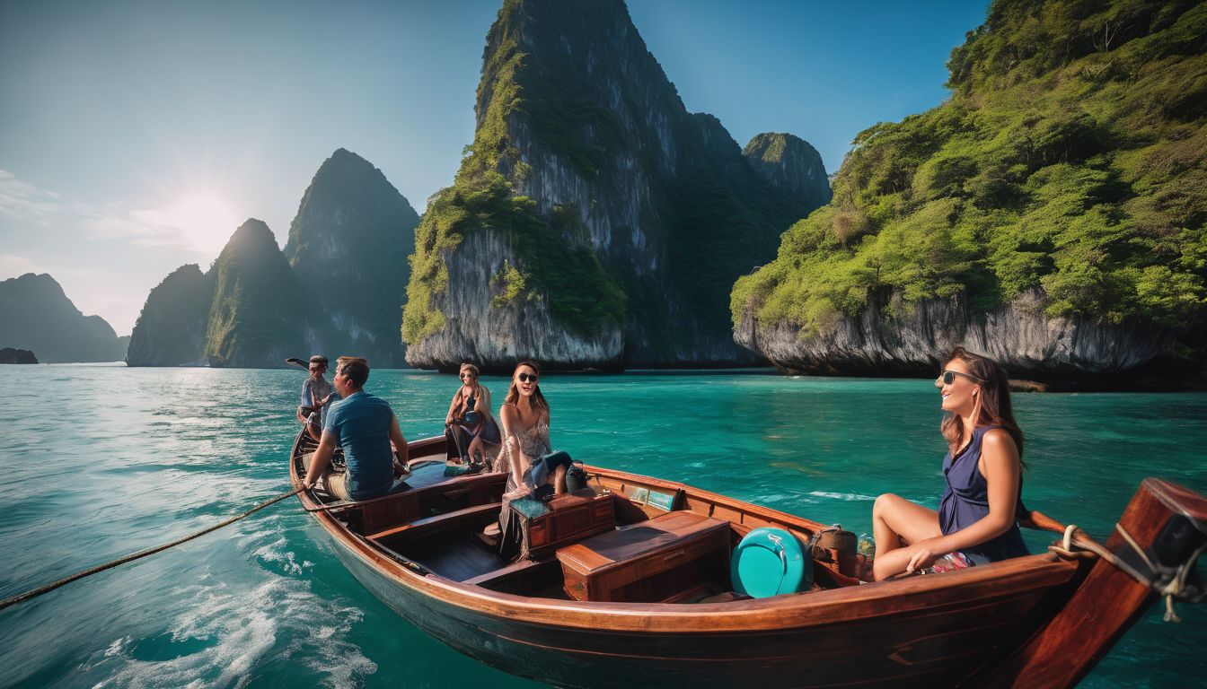 A group of tourists enjoying a scenic boat ride in a beautiful seascape surrounded by islands.