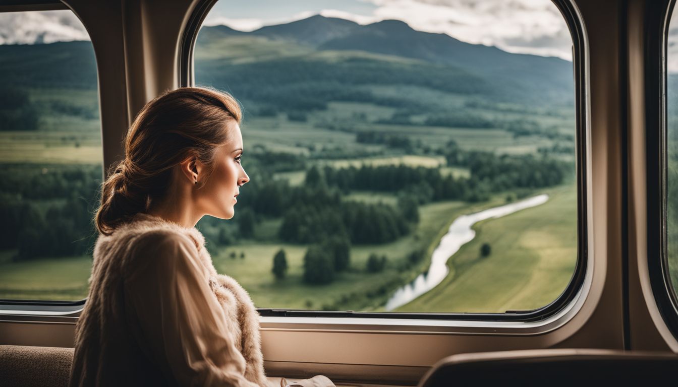 A woman enjoys the view from a train window as she travels through scenic countryside.
