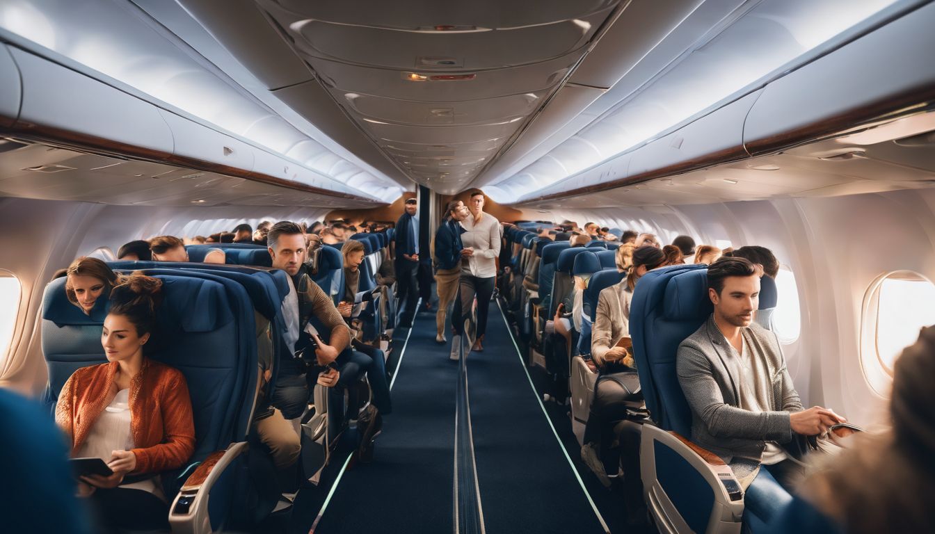 A diverse group of travelers experience different levels of comfort and amenities in various cabin classes on an airplane.