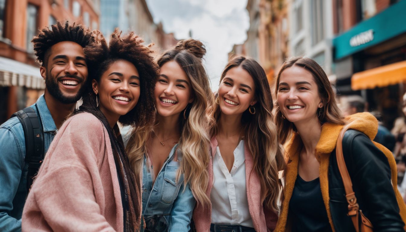 A diverse group of friends, seen in a vibrant city setting, are smiling and laughing together.