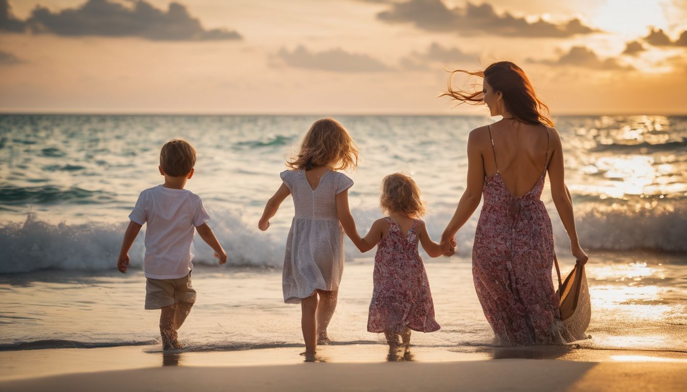 A happy family of four enjoying a day at the beach, with two children playing in the sand.