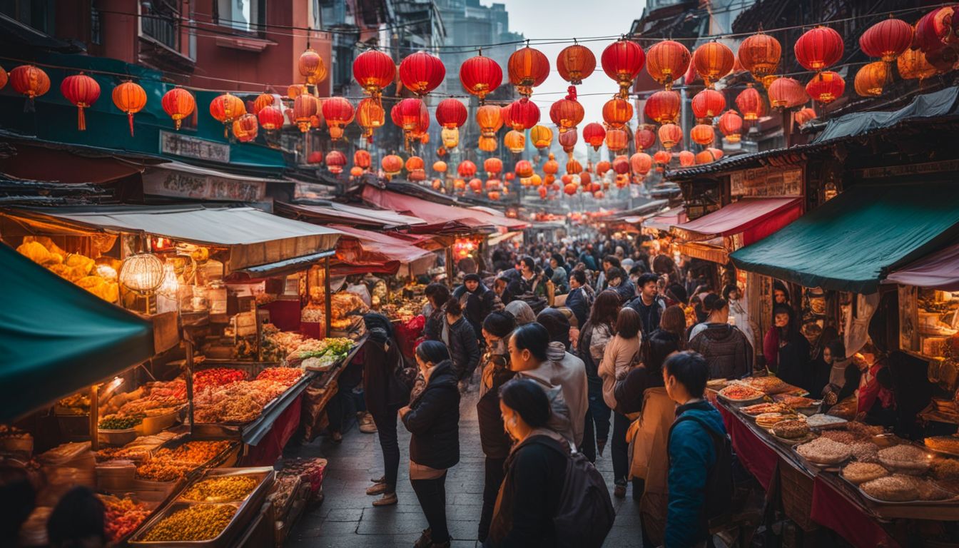 A busy and vibrant street in Chinatown with a variety of food stalls and diverse people.