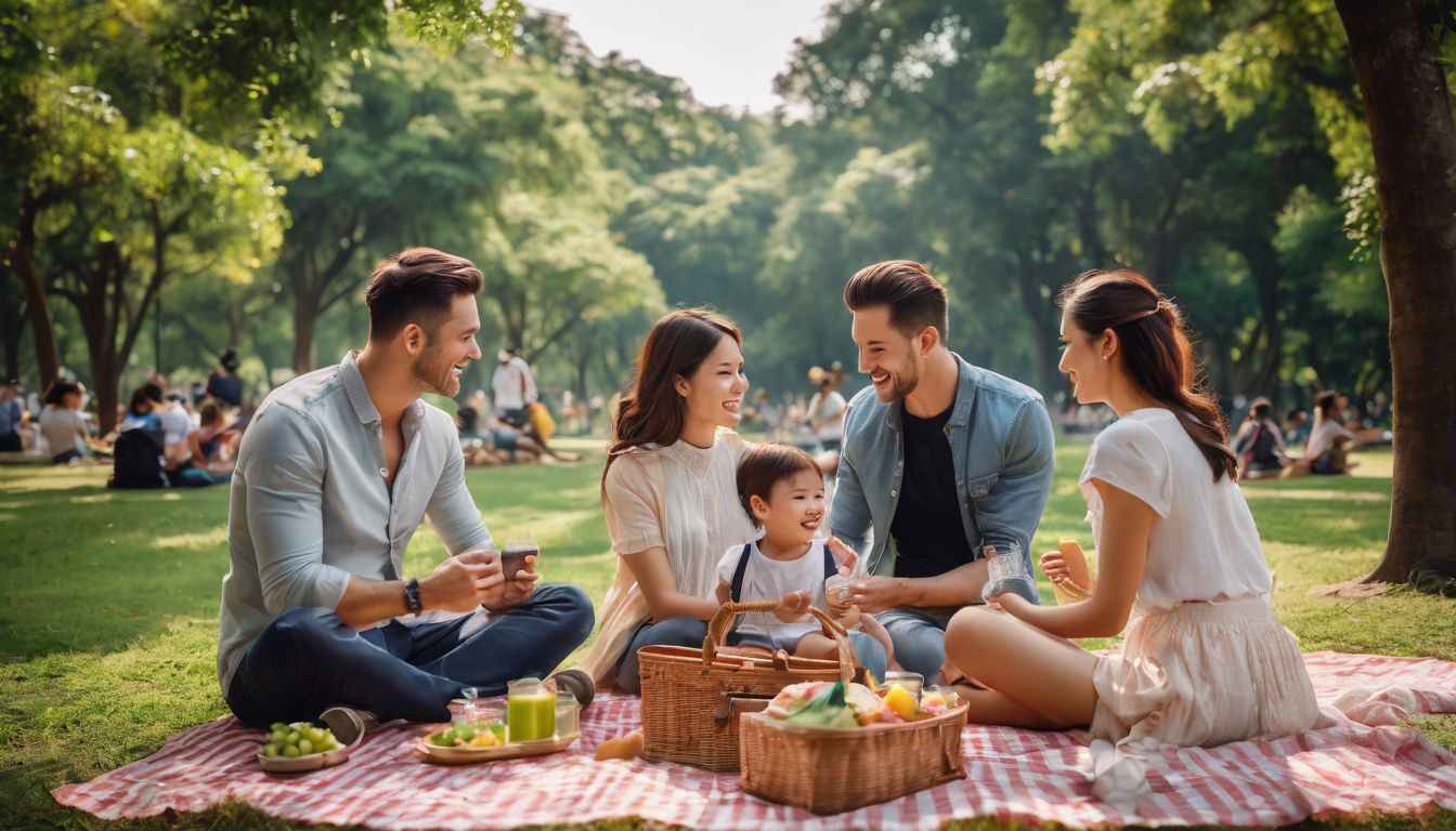 A family enjoys a picnic in Lumpini Park surrounded by beautiful greenery.