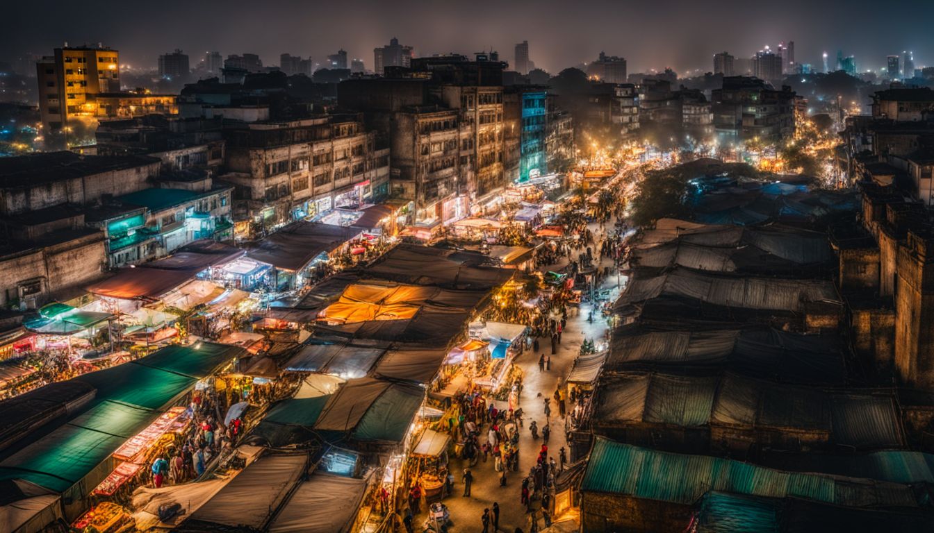 A vibrant cityscape of Chittagong with bustling markets, towering buildings, and a lively atmosphere captured through stunning photography.