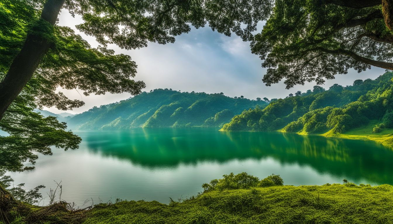 A picturesque view of Rangamati Hill Station with lush green hills reflecting on the tranquil waters of Kaptai Lake.