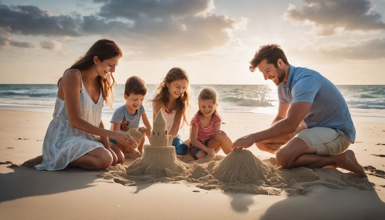 A happy family enjoys building sandcastles on a beautiful, secluded beach.