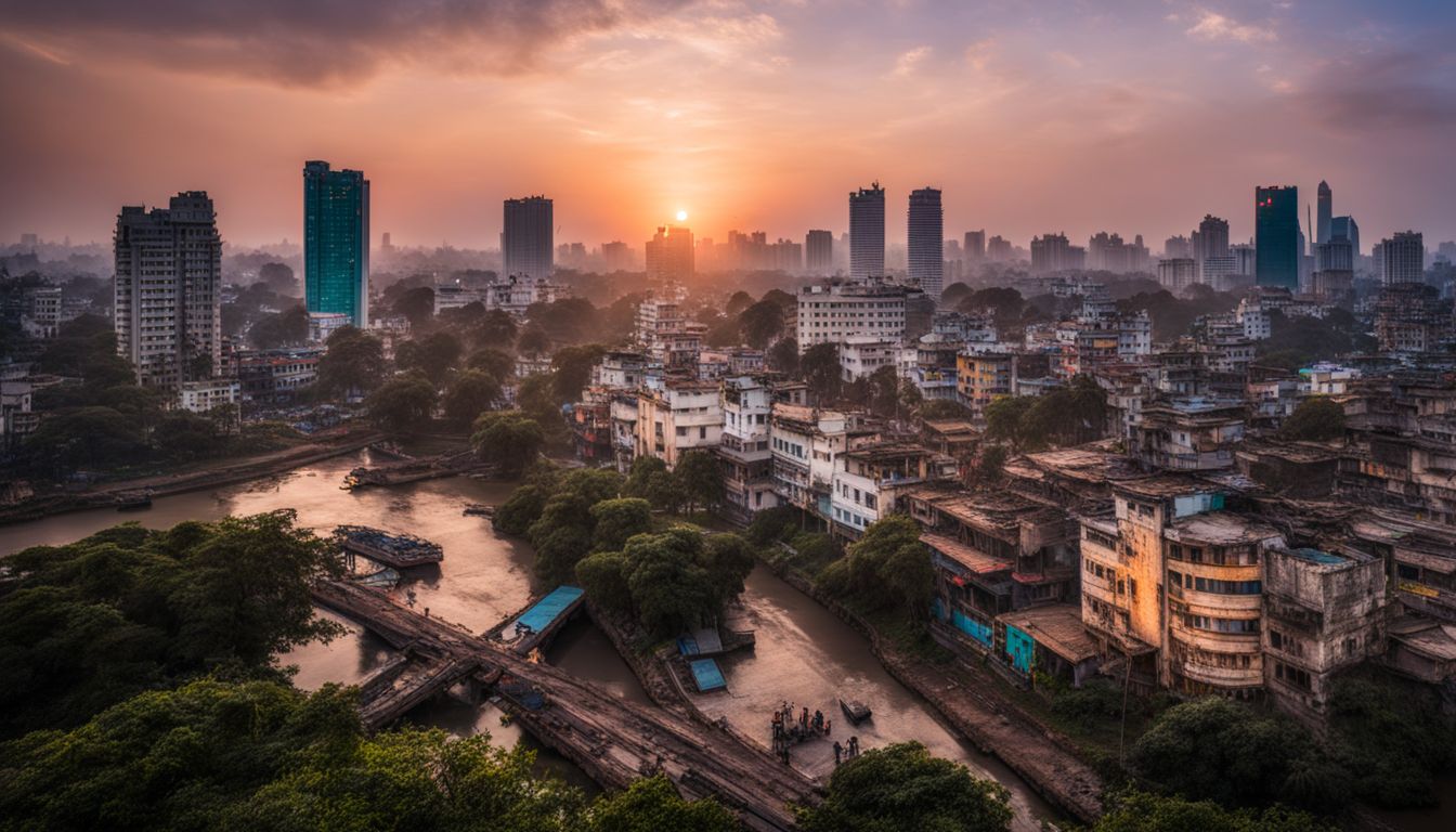 A photo capturing the contrast of modern high-rises with ancient landmarks in the bustling Dhaka skyline at sunset.