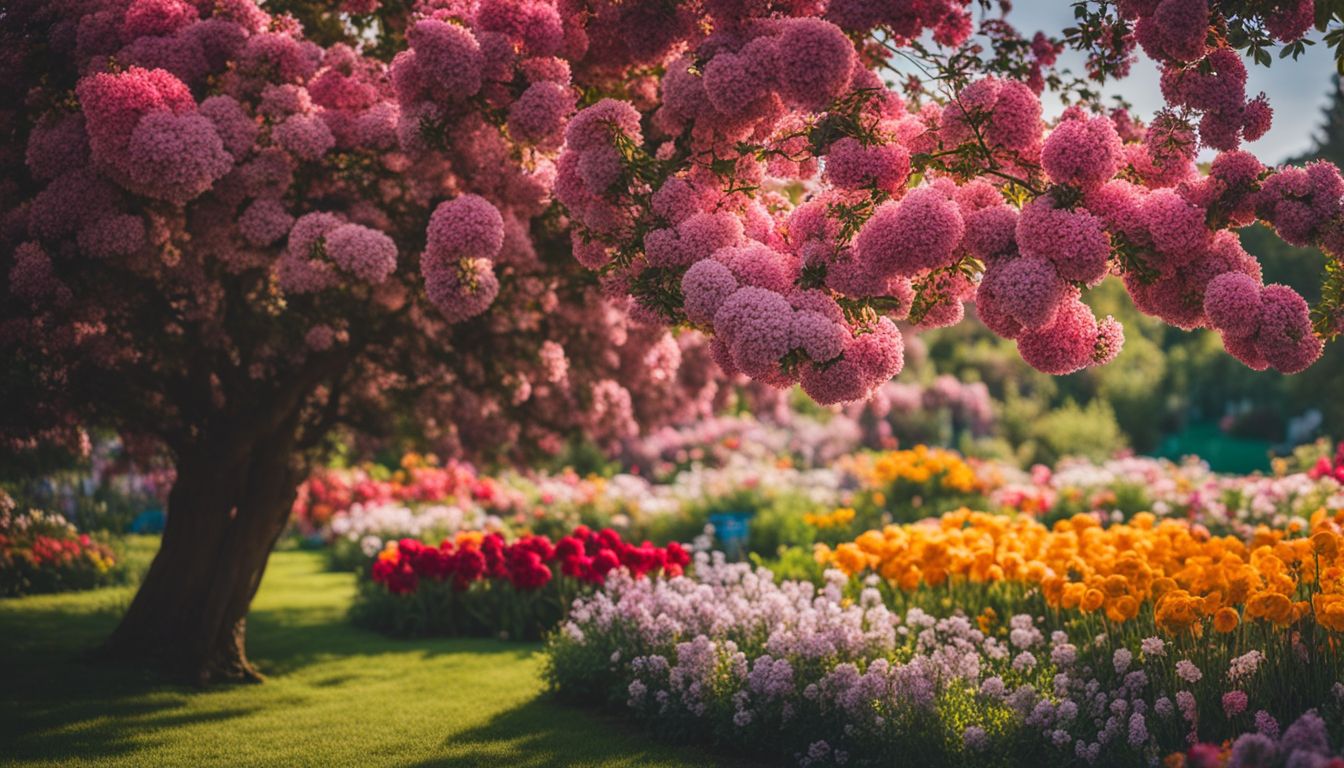 A vibrant, diverse garden filled with flowers and people captured in stunning detail.