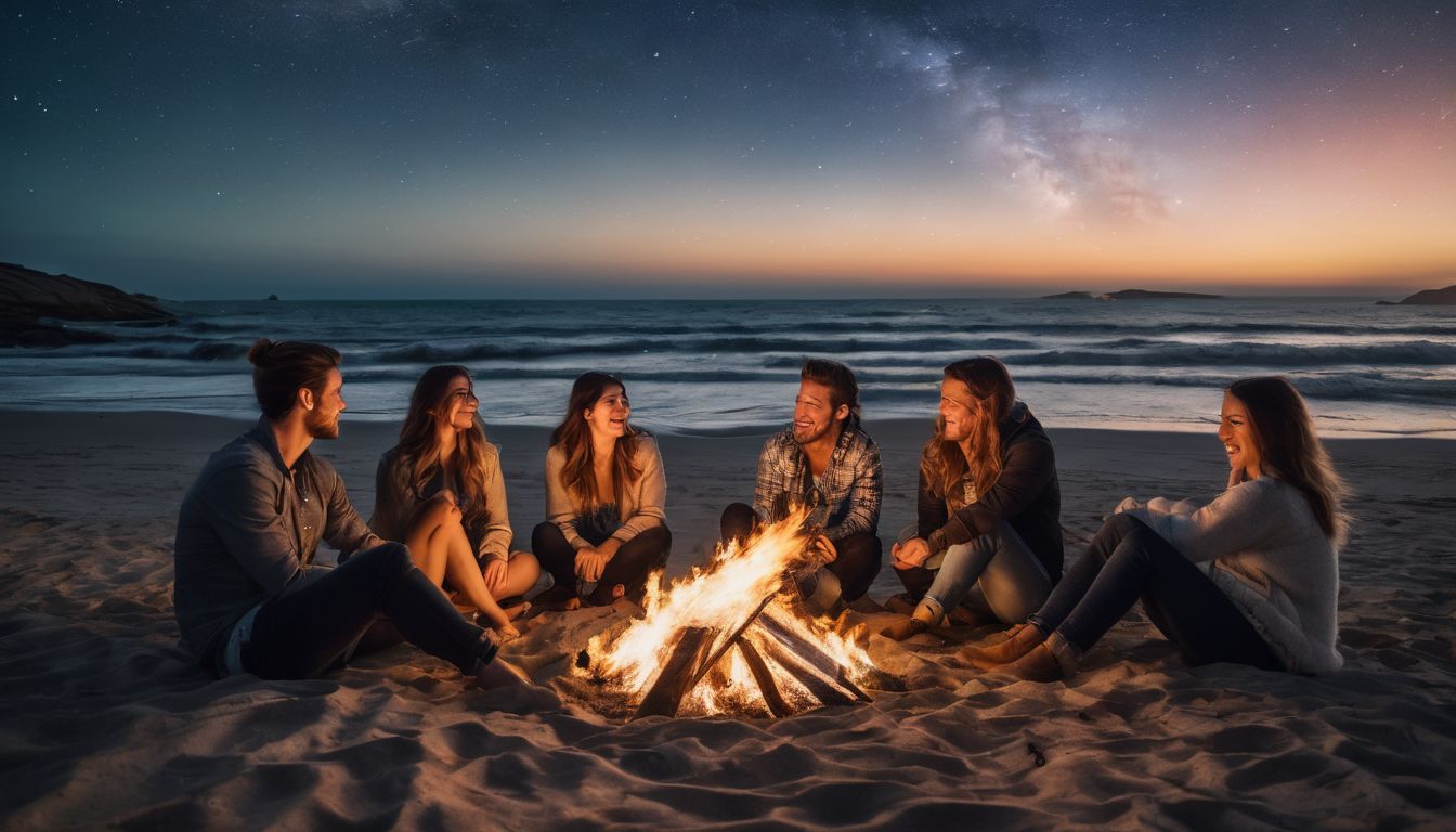 A diverse group of friends bond over a beach bonfire, enjoying the night sky and each other's company.