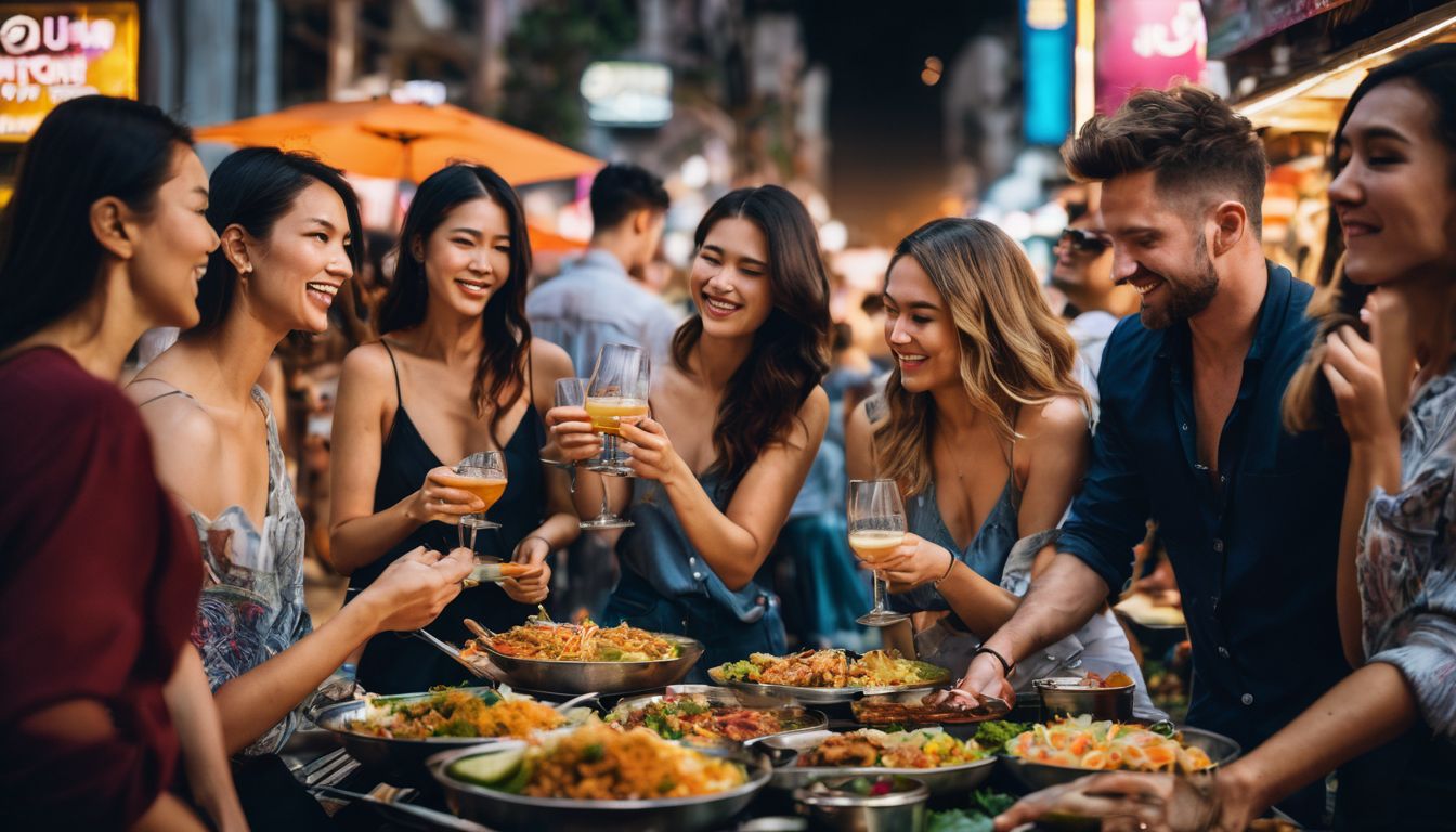 A diverse group of friends enjoying a street food feast in Bangkok.