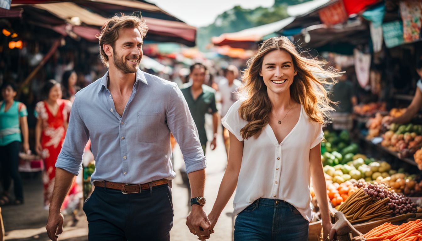 A couple exploring a lively Thai market together, captured in a vibrant, well-composed photograph.