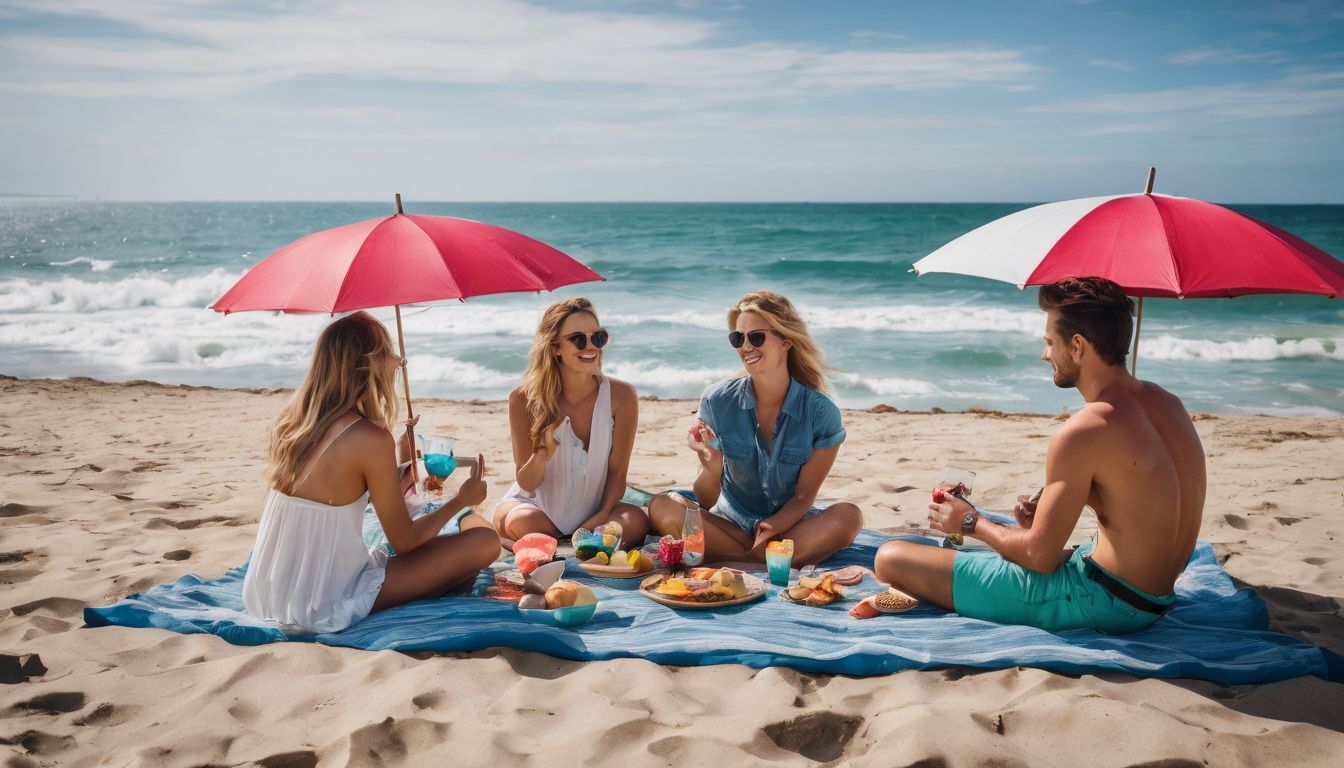 A diverse group of friends enjoy a beachside picnic with vibrant umbrellas in a bustling atmosphere.