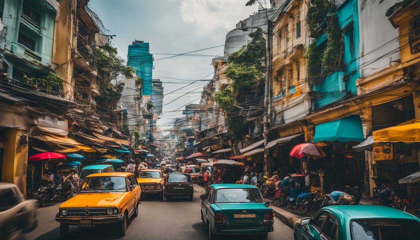 A vibrant cityscape of Ho Chi Minh City with bustling streets and colorful vehicles.