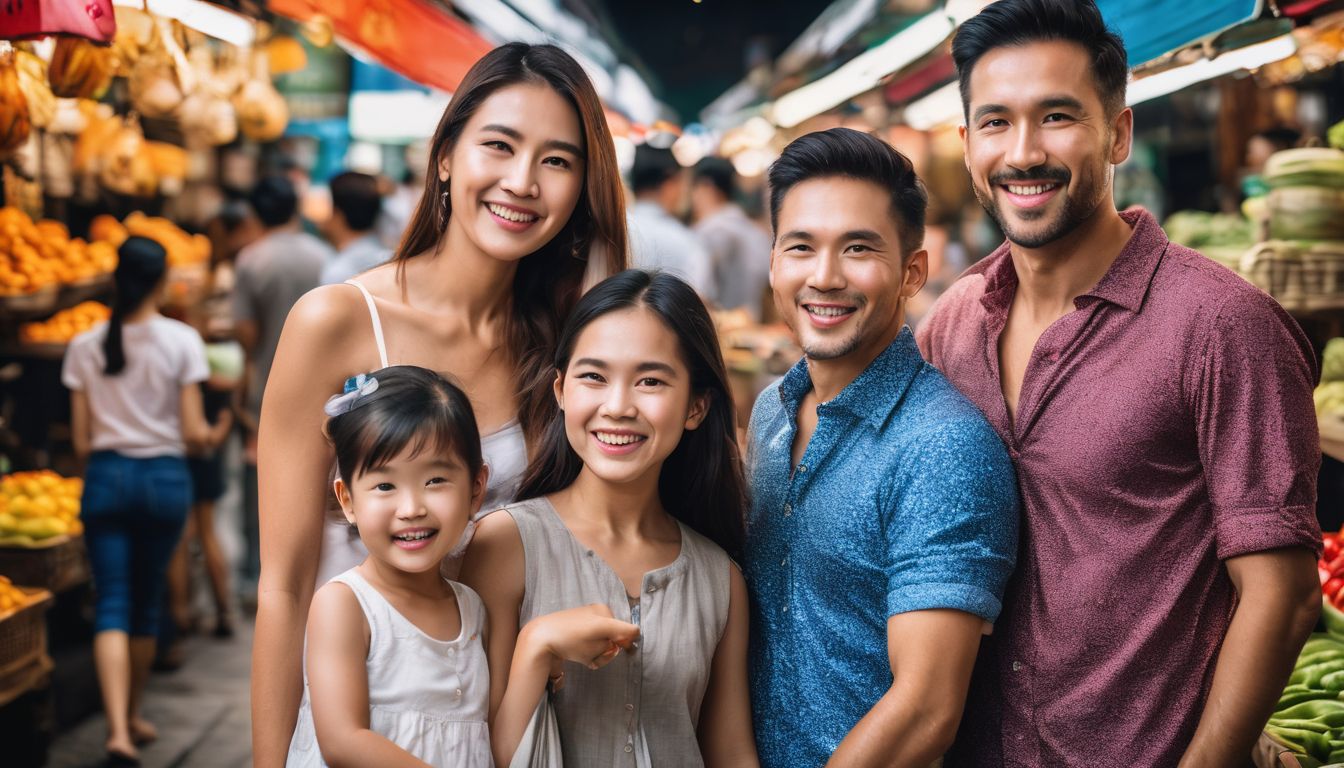 A happy family explores a vibrant market in Bangkok, captured in a detailed and vibrant photograph.