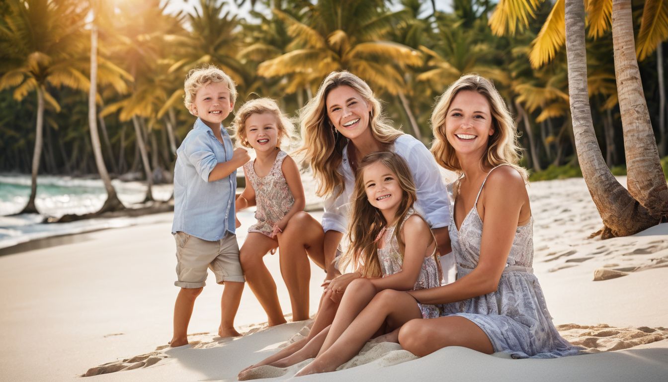 A joyful family enjoys a day of playing on a beautiful sandy beach surrounded by palm trees.