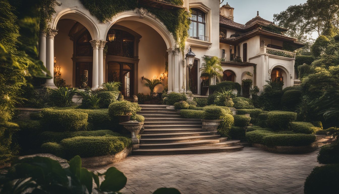 A photo of a luxurious mansion surrounded by lush greenery in an affluent neighborhood.
