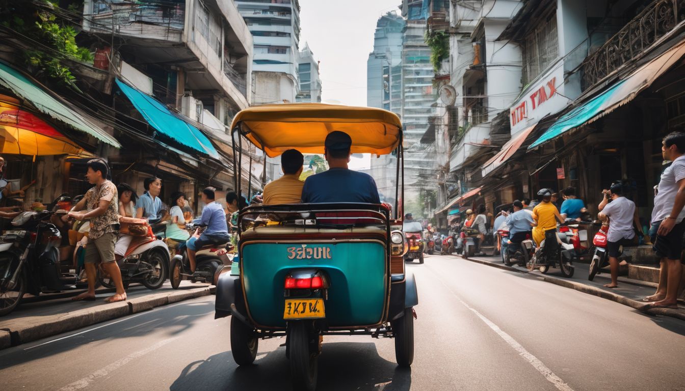 A diverse group of locals and tourists ride a motorized tuk-tuk through the busy streets of Bangkok.