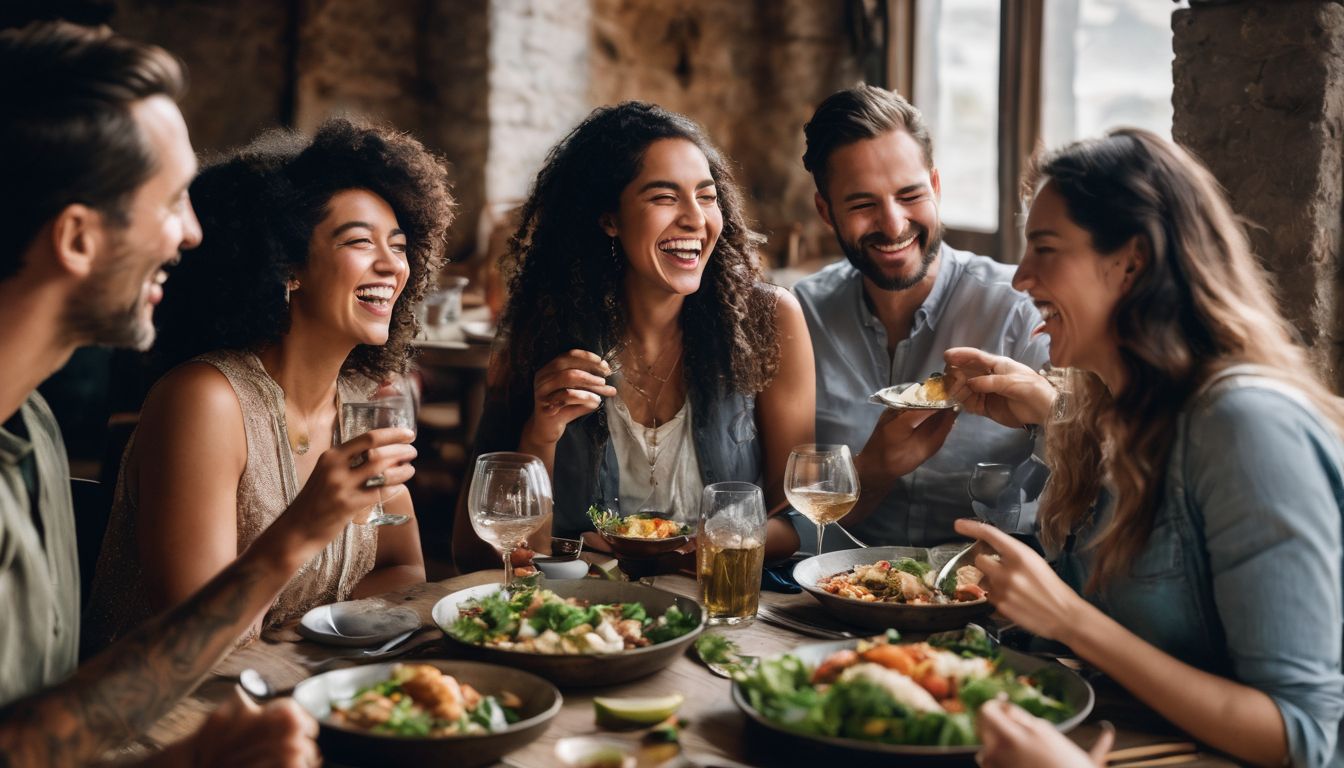 A group of diverse individuals gather together in a vibrant atmosphere, enjoying a meal and laughter.