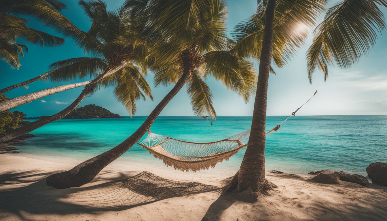 A picturesque beach scene with a hammock between palm trees, featuring diverse individuals enjoying the scenery.