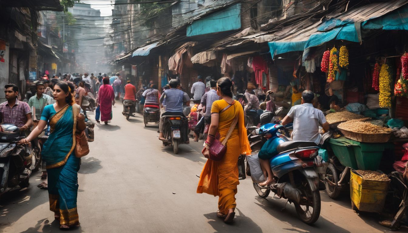 A vibrant street scene in Dhaka with diverse people going about their daily lives.