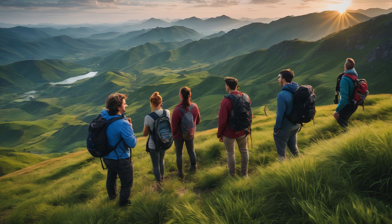 A diverse group of travelers taking in the breathtaking view of a lush green landscape.