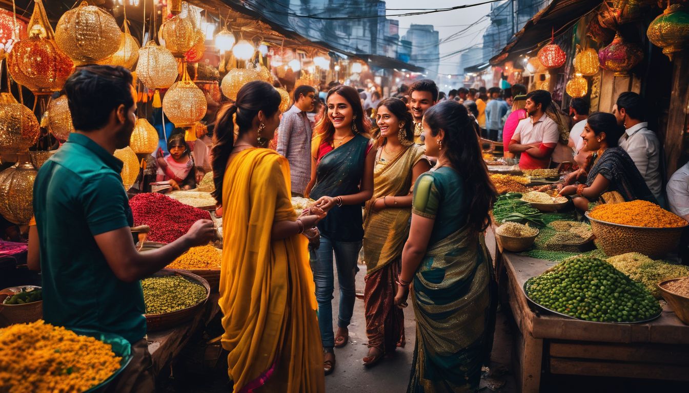 A diverse group of friends enjoying a vibrant street market in Dhaka.