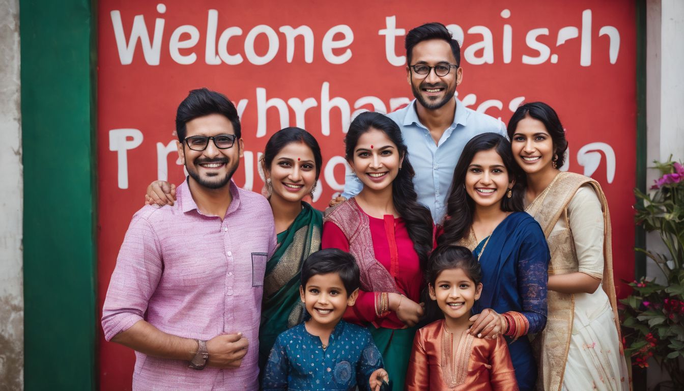 A diverse family happily poses in front of a sign welcoming them to Bangladesh.