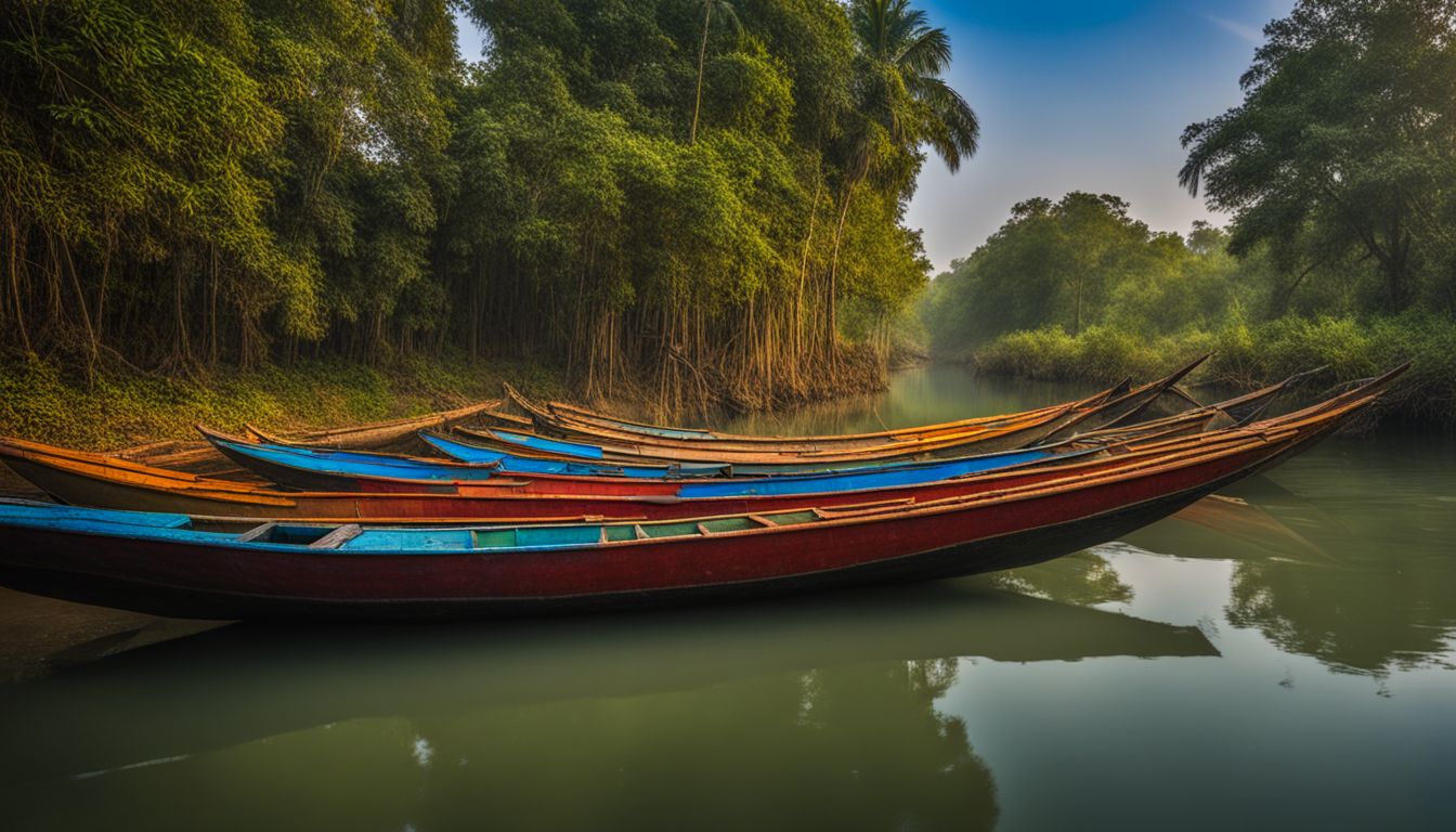 Colorful traditional boats on the serene waters of the Sundarbans captured in a wildlife photography shot.