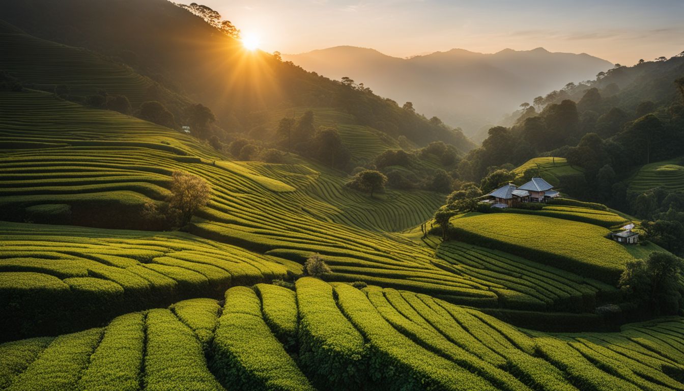 A stunning photo of a tea garden at sunrise, showcasing diverse individuals in various outfits and hairstyles.