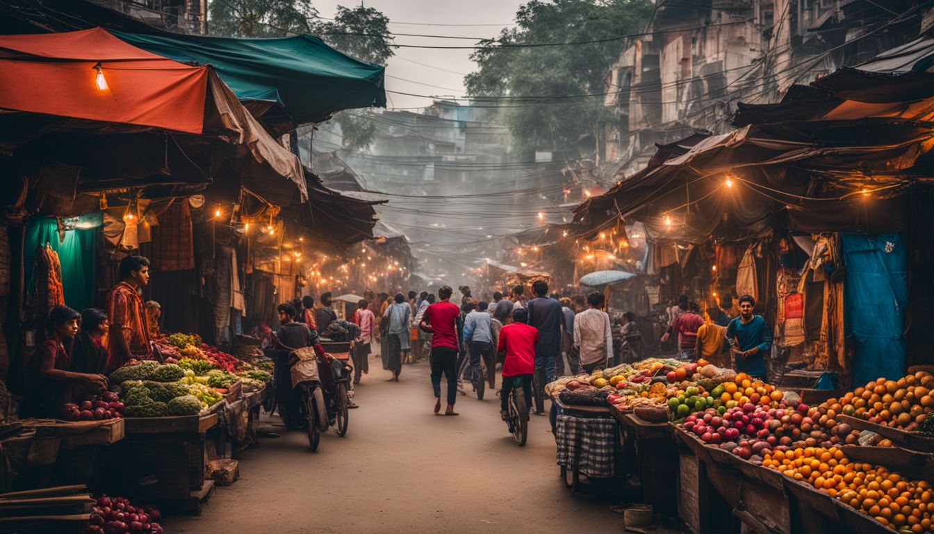 A bustling street in Dhaka with vibrant markets, historical landmarks, and diverse people.