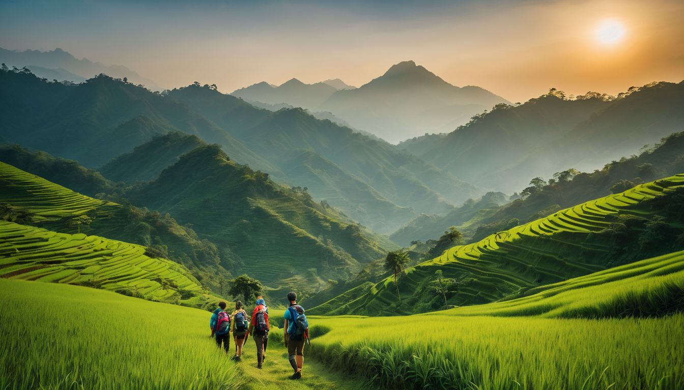 A diverse group of friends enjoy a scenic hike through the lush green mountains of Bangladesh.