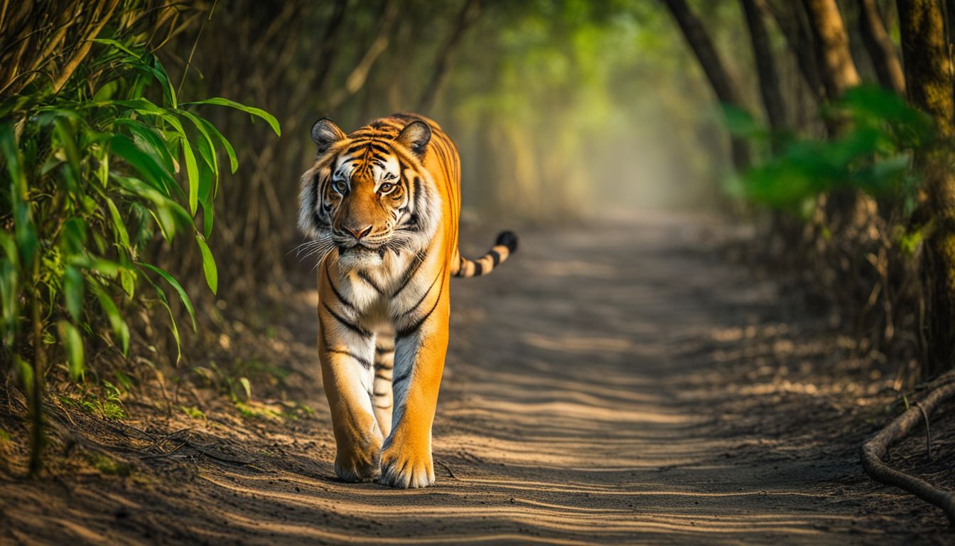 A majestic Royal Bengal Tiger confidently walks through the lush greenery of the Sundarbans Mangrove Forest.