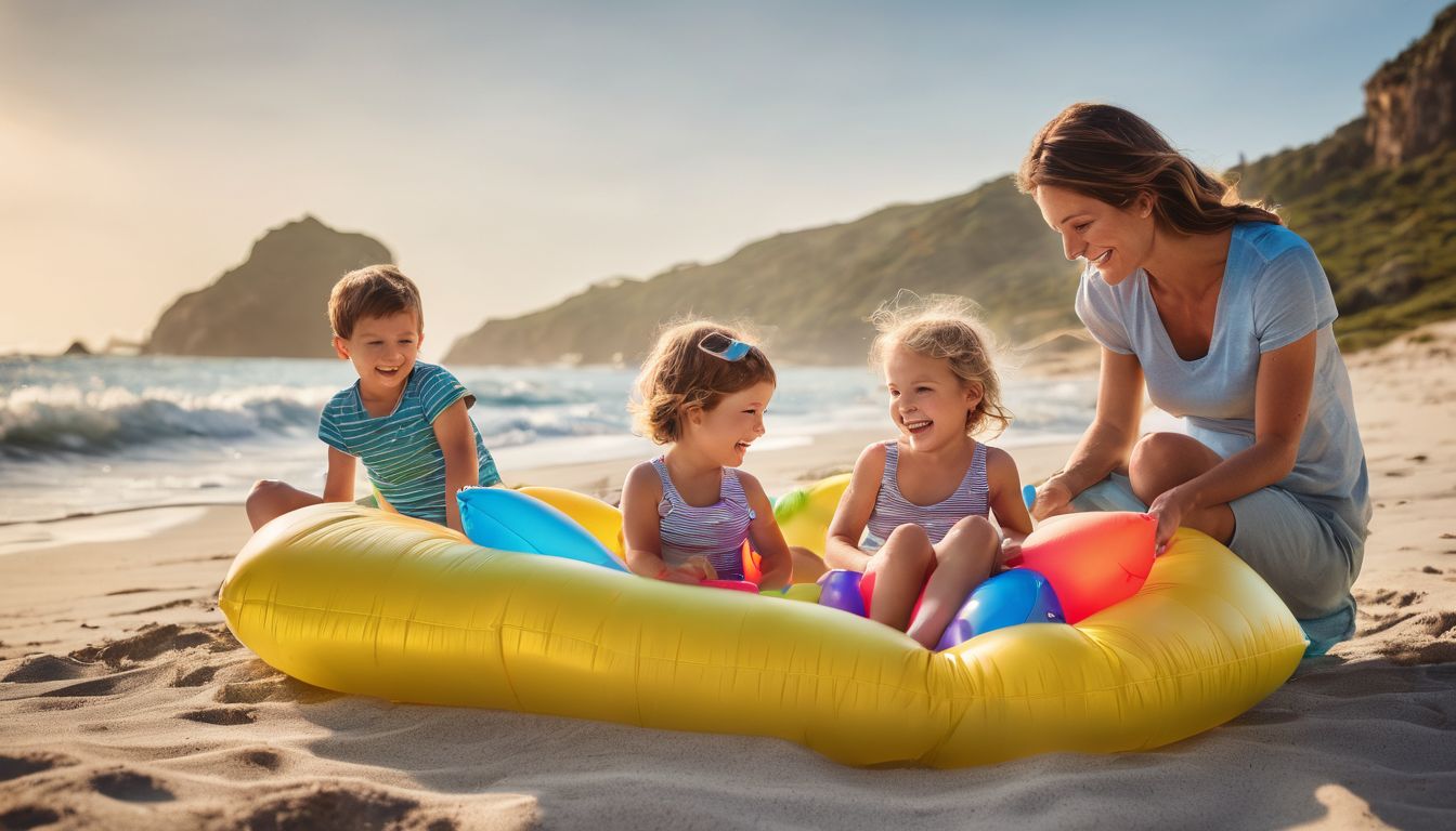A happy family playing with inflatable toys on a beautiful beach.