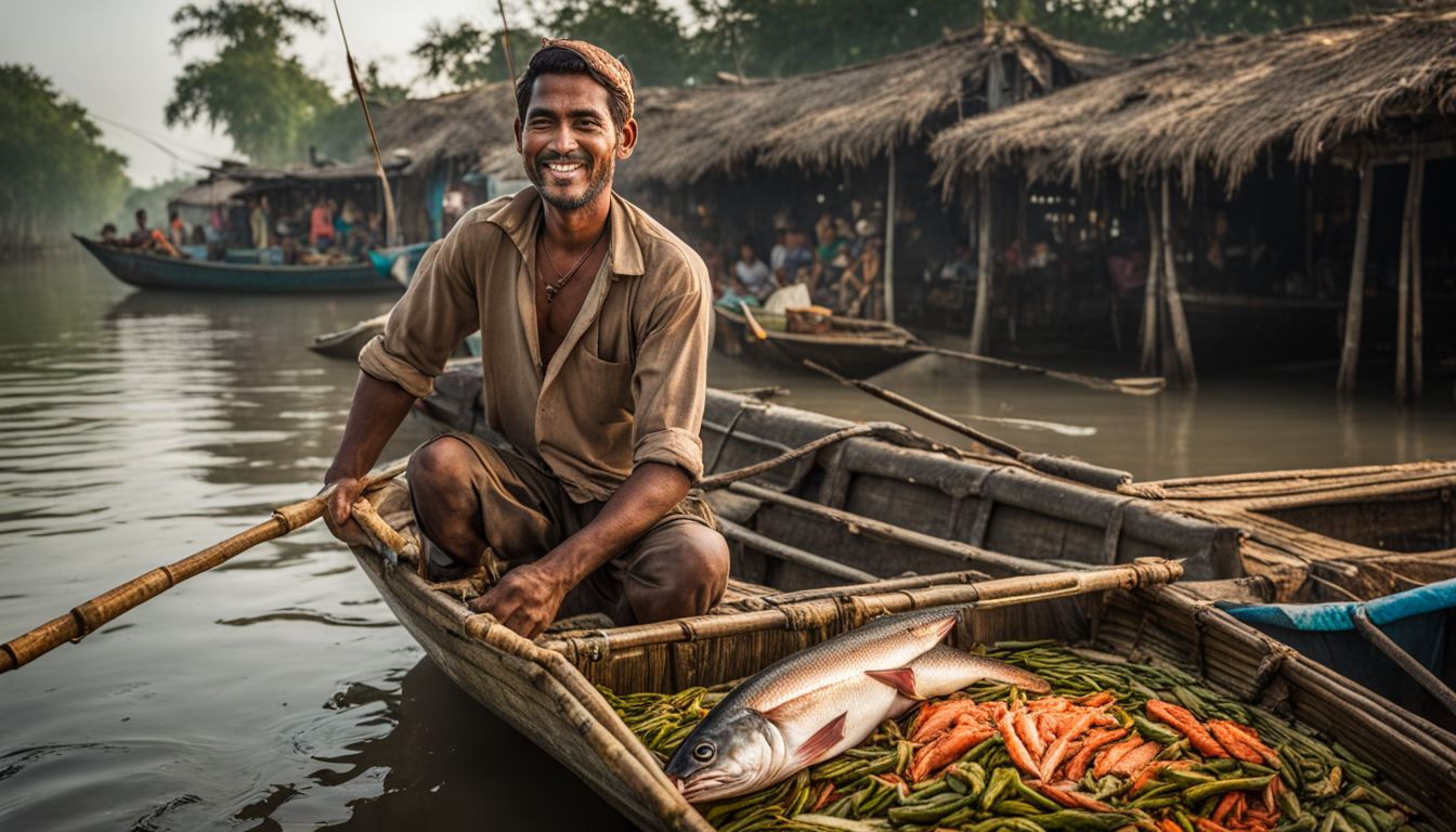 A fisherman proudly displays a fresh catch in the bustling Sundarbans Fish Bazar.